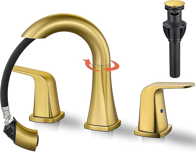 Gold Bathroom Faucet with Sprayer - Brushed Gold Faucets for Sink 3 Holes, Bathroom Pull Down Faucet, 2 Handles 8 Inch Widespread Vanity Faucet with Pull Out Sprayer & Pop-up Drain