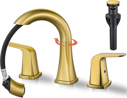 Gold Bathroom Faucet with Sprayer - Brushed Gold Faucets for Sink 3 Holes, Bathroom Pull Down Faucet, 2 Handles 8 Inch Widespread Vanity Faucet with Pull Out Sprayer & Pop-up Drain