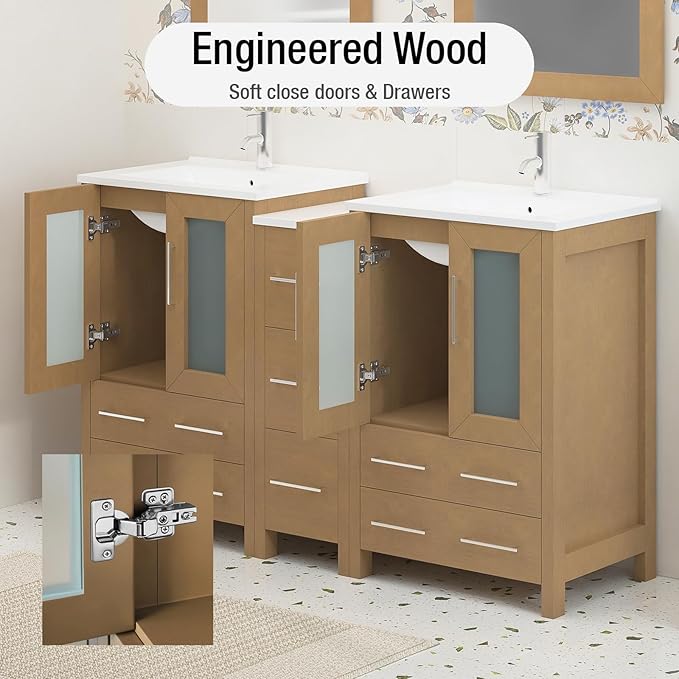 HOMEBEYOND 60 Inch Modern Bathroom Vanity with Sink & Mirror, Double Sink Vanity Cabinet with Basin and Mirror, Dove-Tailed Drawers, Soft-Closing Doors, Wood, Natural Oak