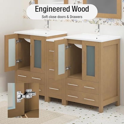 HOMEBEYOND 60 Inch Modern Bathroom Vanity with Sink & Mirror, Double Sink Vanity Cabinet with Basin and Mirror, Dove-Tailed Drawers, Soft-Closing Doors, Wood, Natural Oak