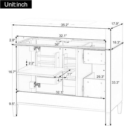 36" Bathroom Vanity Cabinet with Ceramic Countertop Sink Combo Set, Solid Wood Frame, Tilt-Out Drawers and Left Side Drawers, Soft Closing Door Hinges, Modern Style, Green