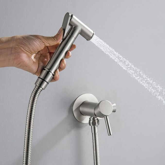 Warm Water Bidet Sprayer for Toilet with Hot and Cold Brass Rough-in Valve, Stainless Steel Round Handheld Bidet Attachment Set for Feminine, Pets and Baby Diaper Wash, Brushed Nickel