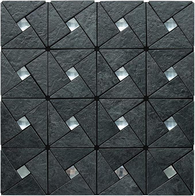 DICOFUN 1 Sheet Black Slate Peel and Stick Backsplash Tile, Mixed Glass Self-Adhesive Mosaic Tiles, Stainless Steel Stick on Wall Tiles for Kitchen and Bathroom Backspalsh, Mirror Decor
