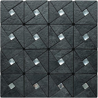 DICOFUN 1 Sheet Black Slate Peel and Stick Backsplash Tile, Mixed Glass Self-Adhesive Mosaic Tiles, Stainless Steel Stick on Wall Tiles for Kitchen and Bathroom Backspalsh, Mirror Decor