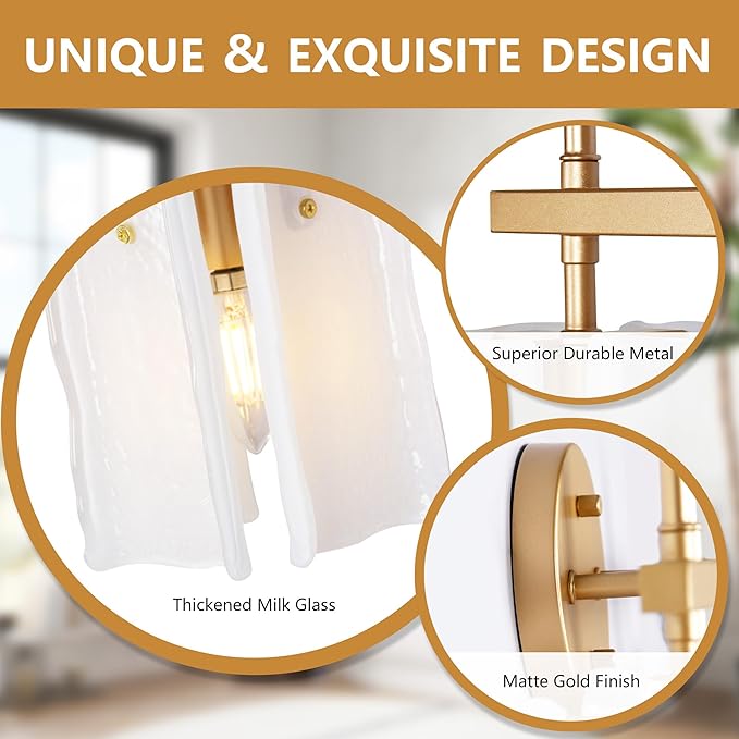 3-Light Milk Glass Bathroom Vanity Light, Gold Bathroom Light Fixture Over Mirror, Modern Vintage Vanity Lights for Bathroom, Mirror Cabinets, Powder Room, Living Room, 23.6" L