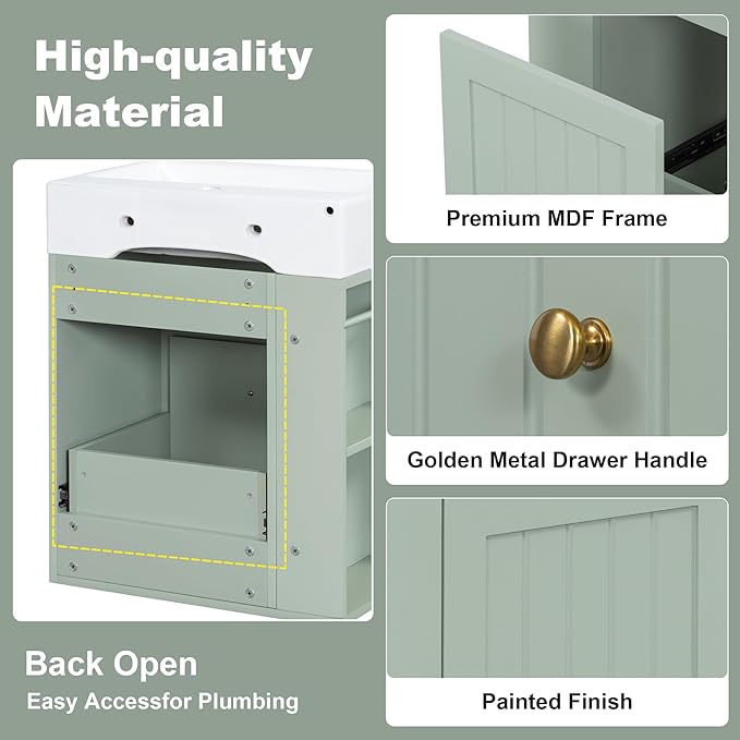 Harper & Bright Designs 20" Bathroom Vanity with Sink, Wall-Mounted Single Basin Vanity Set with One Drawer & Two-Tier Left Side Storage Shelf, Storage Cabinet with Ceramic Basin for Bathroom, Green