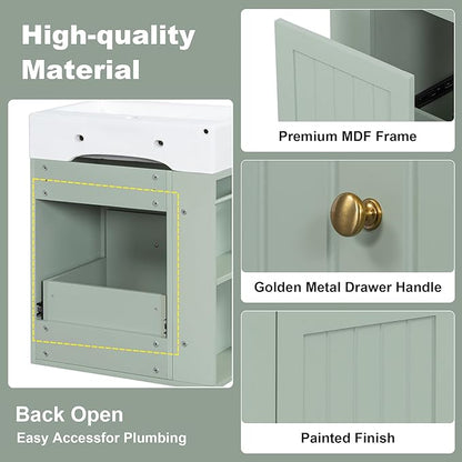 Harper & Bright Designs 20" Bathroom Vanity with Sink, Wall-Mounted Single Basin Vanity Set with One Drawer & Two-Tier Left Side Storage Shelf, Storage Cabinet with Ceramic Basin for Bathroom, Green
