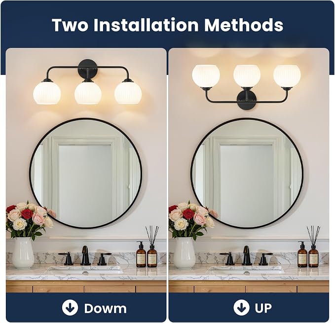 RUIYEY Bathroom Vanity Light Fixtures: 3-Light Lantern Black Vanity Lights for Bathroom Over Mirror, Farmhouse Wall Sconce Lighting with Frosted Milky Glass for Kitchen (Exclude Bulb)