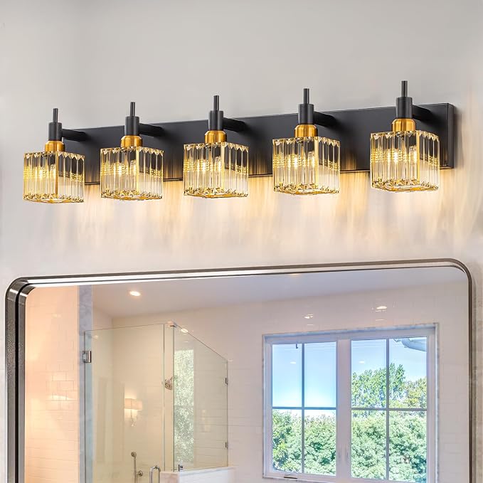 Modern Crystal Bathroom Vanity Light Black Gold 5-Lights Bathroom Lighting Fixtures Over Mirror, Brass Wall Light Fixtures
