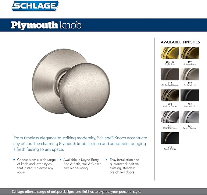 SCHLAGE F40 PLY 622 Plymouth Door Knob, Bed & Bath Privacy Lock, Matte Black (Pack of 4)