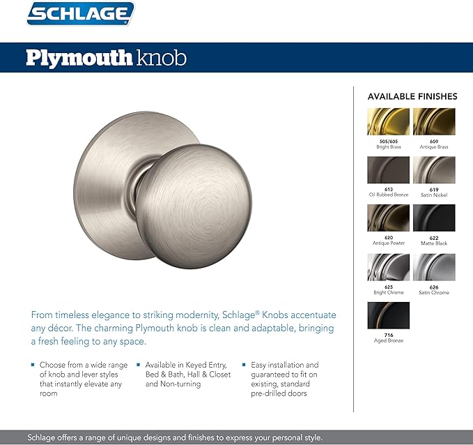 SCHLAGE F10 PLY 622 Plymouth Door Knob, Hall & Closet Passage Lock, Matte Black (Pack of 4)