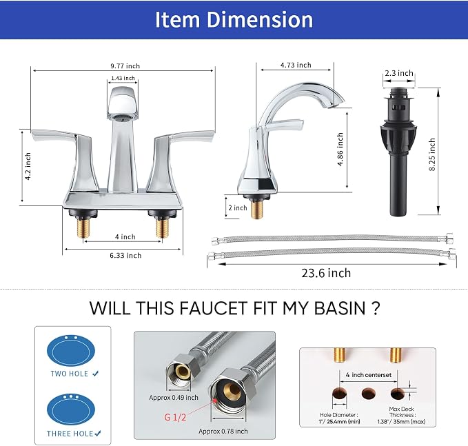 VXV Chrome Bathroom Faucet, 2 Handles Low Arc Bathroom Sink Faucets, 4 Inch Centerset Bath Lavatory Faucets with Pop-up Drain & Supply Lines (CP)