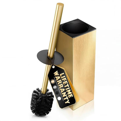 Gold Toilet Brush and Holder Set, Stainless Steel (Square) | Toilet Brush with Holder Set for Bathroom, Splash Protection & Dense Bristles for Bathroom Cleaning, Removable Inner Bowl