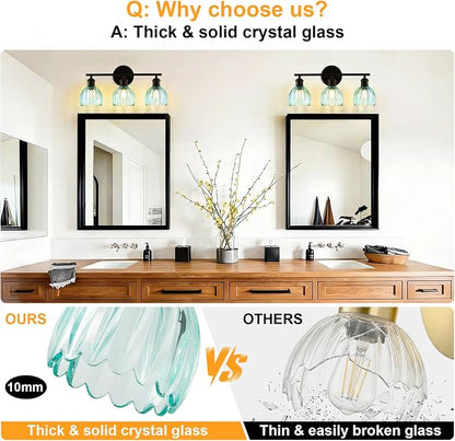 Bathroom Light Fixtures, 3-Light Brushed Black Vanity Lights for Bathroom with Blue Tulip Glass Shade, 20" Vintage Bathroom Vanity Lighting Fixtures Over Mirror for Bedroom Living Room Hallway