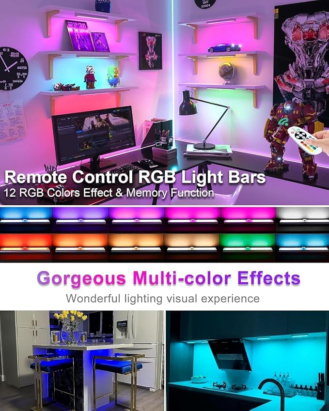 Under Cabinet Lighting Wireless, RGB LED Closet Lights, 4 Pack | 58 LEDs,Rechargeable Motion Sensor Light Indoor, Remote,Dimmable Under Counter Lights, Magnetic Night Lights for Kitchen