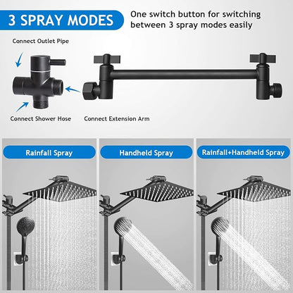 Black Shower Head Combo,10 Inch High Pressure Rain with 11" Extension Arm | 5 Settings Handheld Powerful Shower Spray Against Low Pressure Water, Free Installation Matte Black