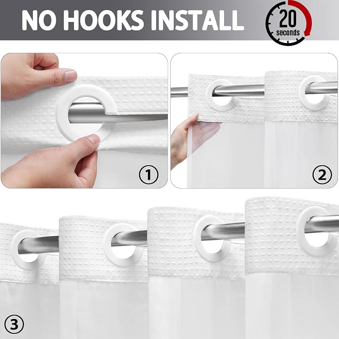 No Hook Shower Curtain with Liner Set Hotel Waffle Ombre Grey 72W X 75L | Washable Snap in Fabric Liner, Mesh Top Window, Waffle Hotel Style Shower Curtain Set