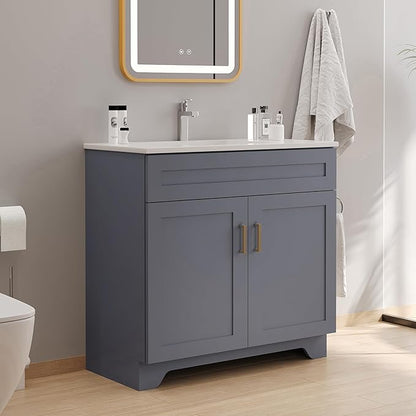 Bathroom 36" Vanity with Ceramic Sink, Wooden Double Door Bathroom Storage Cabinet, Freestanding Cabinet Vanity with Sink (Paint, Grey,36")