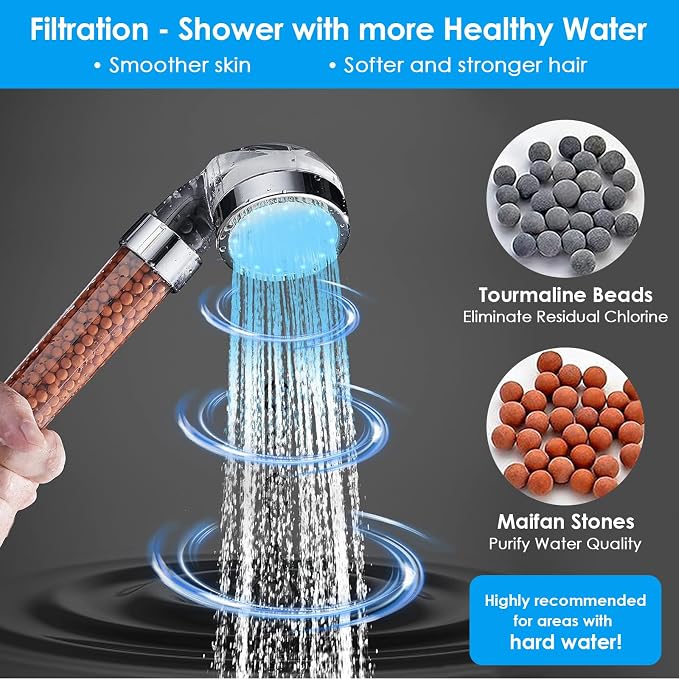 Vacto Temperature Controlled 3-color Changing Shower Head Kit, Water Saving Showerheads with Filtration Beads, LED High Pressure Handheld Shower Head Set (No Hose and Bracket)