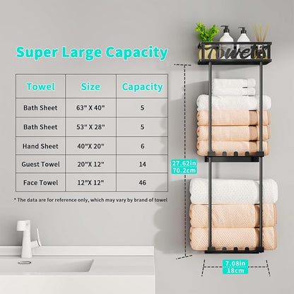HapiRm Towel Rack Bathroom Storage - 3 Tier Over The Door & Wall Mounted Rolled Towel Racks Holder Organizer with Metal Shelf and 6 Hooks for Small Bathroom, Camper, Rv - Black (for 1.77 in Doors)