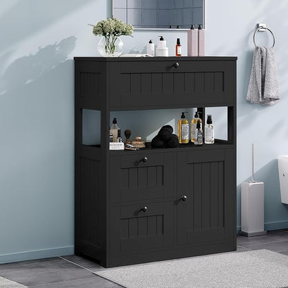 Storage Cabinet, Modern Bathroom Floor Storage Cabinet Organizer with 1 Door and 3 Drawers, Freestanding Cupboard for Kitchen/Living Room Use