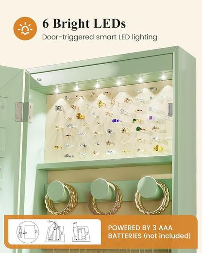 LVSOMT Over The Door Jewelry Organizer, 6 LED Wall Mounted Jewelry Cabinet | Lockable 42.5" Full Length Mirror with Jewelry Storage, Hanging Jewelry Mirror Cabinet, Jewelry Armoire for Women, Green