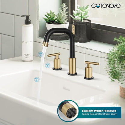 gotonovo 8 Inch Widespread Bathroom Sink Faucet 3 Hole 2 Handles Lavatory Basin with Pop Up Drain with Hot and Cold Mixer Valves Modern Black & Brushed Gold