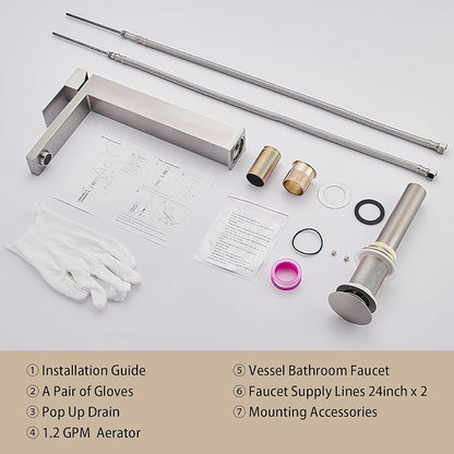 Vessel Sink Faucet, Brushed Nickel 1 Hole Single Handle Tall Bathroom Vanity Faucets, Modern Utility Rv Laundry Bath Restroom Mixer Tap with Metal Pop Up Drain and 2 Water Supply Lines