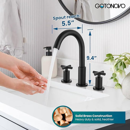 gotonovo 3 Hole Bathroom Faucet 8 inch Widespread Sink Vanity Faucet for Bathroom Sink 2 Cross Handle Deck Mount Basin with Pop Up Drain 360° Swivel Spout Matte Black