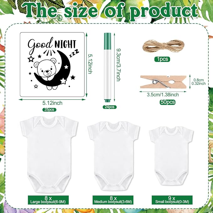 Panitay 126 Pcs Baby Shower DIY Bodysuit Set Bib 25 Blank White Newborn Bodysuit 25 Stencils 24 Marker 1 Sign 50 Pins(Dinosaur)