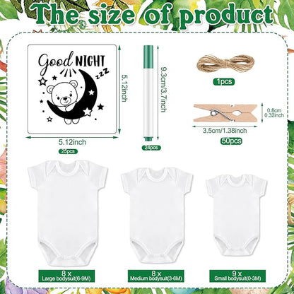 Panitay 126 Pcs Baby Shower DIY Bodysuit Set Bib 25 Blank White Newborn Bodysuit 25 Stencils 24 Marker 1 Sign 50 Pins(Dinosaur)