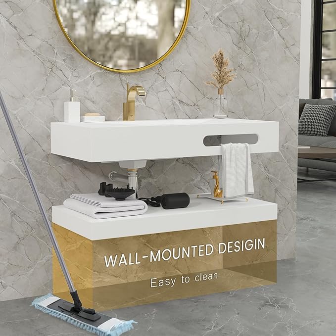 QJ&XY Resin Bathroom Sink 40" Wall Mounted V-Shaped White Basin with Towel Rack, Floating Vanity Sink in Soft-Touch Finish (Double Tier)