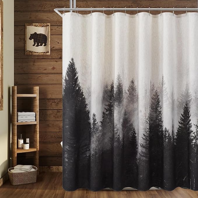 ORTIGIA Black and White Misty Forest Linen Shower Curtain Dark Nature Mountain Tree Woodland Shower Curtain Set for Bathroom Heavy Blend Fabric Curtains with 12 Metal Hooks 72x78 Inch