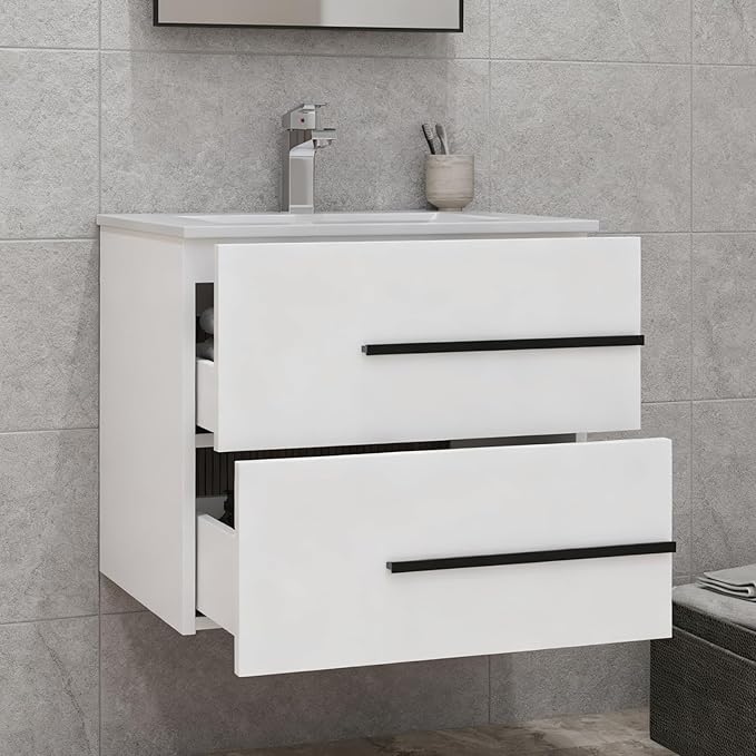 24 inch Floating Bathroom Vanity Without Sink, Space Saving Fluted Design for Small Bathrooms, Soft Closing Drawers & Black Handles White