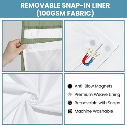 SORTTO No Hook Shower Curtain with Snap in Liner Set Waffle Shower Curtain for Bathroom Hotel Style Fabric Waterproof Inner Liner，71" W x 86" H, Sage Green