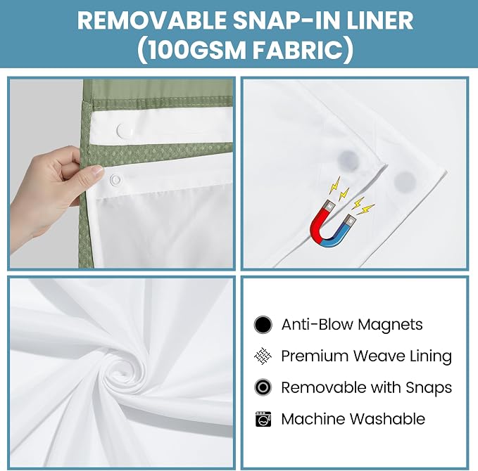 SORTTO No Hook Shower Curtain with Snap in Liner Set Waffle Shower Curtain for Bathroom Hotel Style Fabric Waterproof Inner Liner，71" W x 80" H, Sage Green