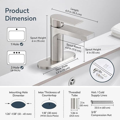 Single Hole Bathroom Faucet, Stainless Steel 1 Handle Vanity Sink Faucet with Metal Pop-Up Drain & Deck Plate for 1 or 3 Hole Sink, Brushed Finish