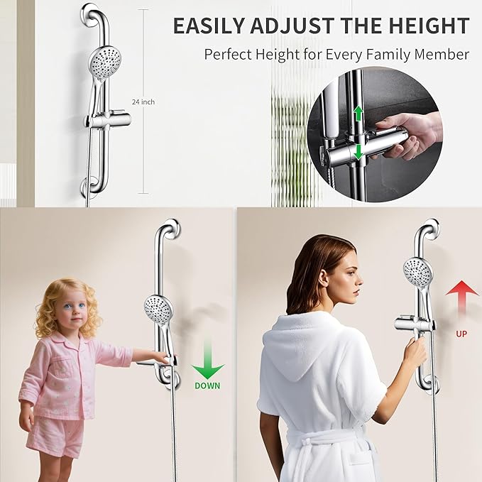 BRIGHT SHOWERS Stainless Steel Grab Bar Set – Includes Handheld Shower Head with Extra Long Hose, Shower Head and Hose Chrome Plated