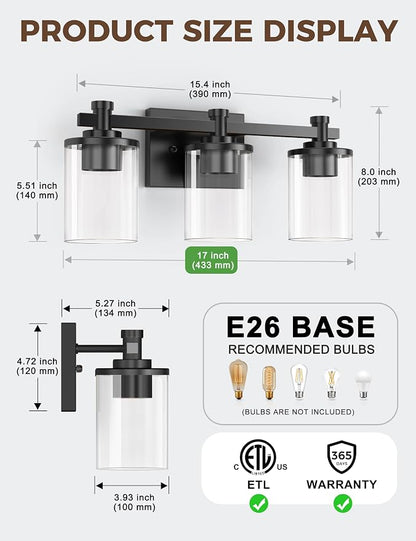 Bathroom Light Fixture, Bathroom Vanity Light Over Mirror, 3-Lights | Vanity Lights for Bathroom, Modern Lighting Fixtures with Clear Glass Shade, Black Vanity Lights, ETL Listed, 17inch