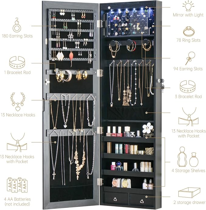 8 LED Lights Jewelry Armoire with Mirror with Storage And 2 Drawers | 47.3” H Mirror Jewelry Cabinet Door Hanging/Wall Mounted Mirror Black