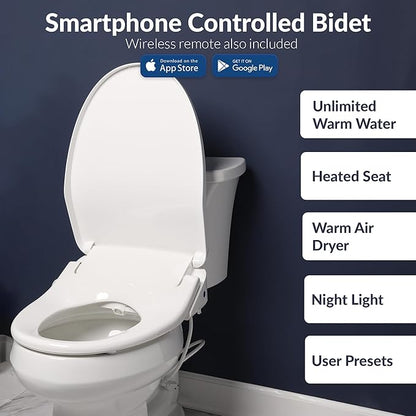 Bio Bidet BB1200 Elongated Smart Bidet, Warm Water Wash, Heated Seat & Dryer, App & Remote Control