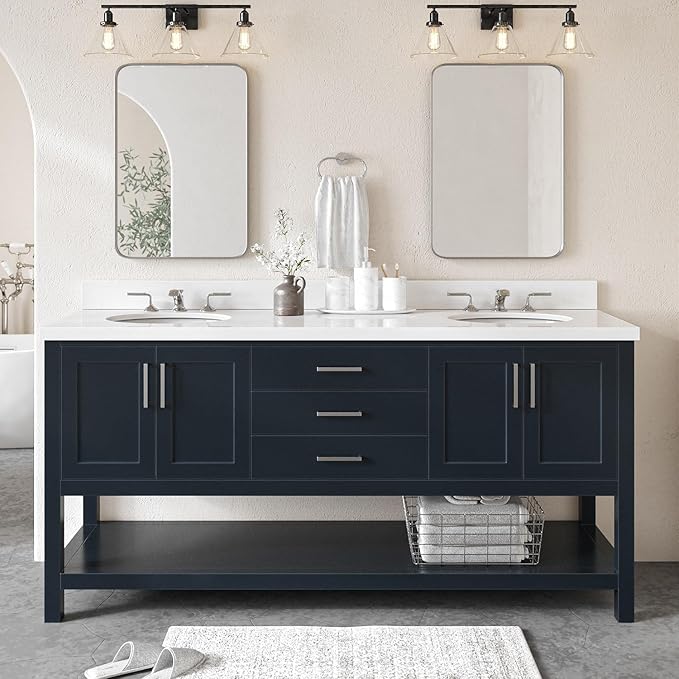 ARIEL Magnolia 72-inch Bathroom Vanity with Sink,Solid Wood, 1.5-inch Pure White Quartz Countertop & Backsplash, Double Oval Porcelain Sink, 4 Soft Closing Doors, 3 Dovetail Drawers, Midnight Blue