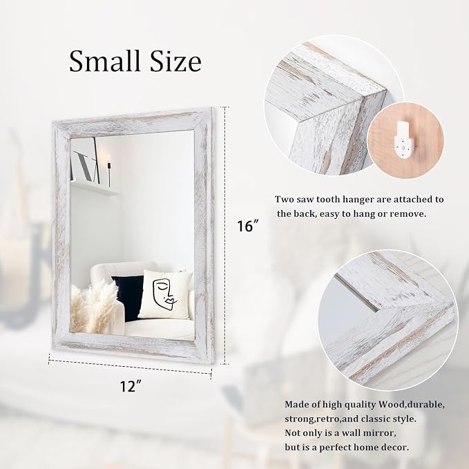 AAZZKANG Mirrors for Wall Rustic Wood Framed Hanging Mirror Decorative for Farmhouse Bedroom Bathroom Living Room Entryway Hallway Small White