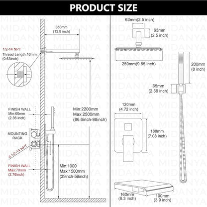 Midanya Rain Shower System with Tub Spout,Tub Shower Faucet Set with rainfall Shower Head and Handheld Spray,Wall Mount Tub Shower Combo Rough-in Valve Included,10 Inch Brushed Nickel