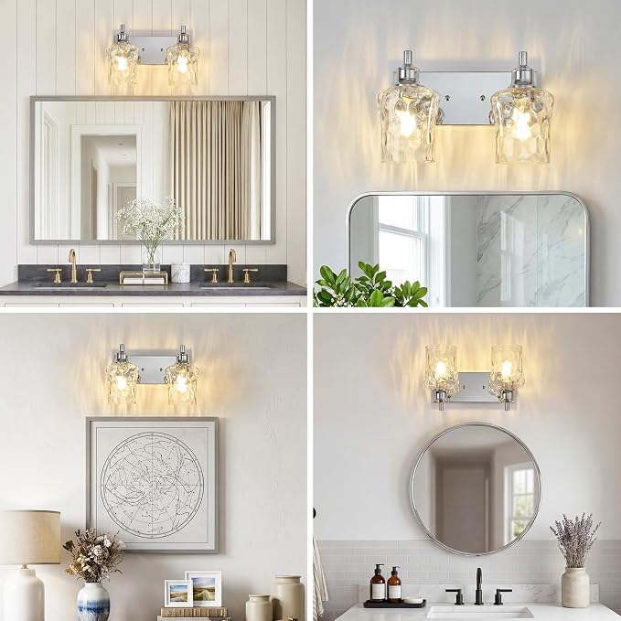 Bathroom Light Fixtures Farmhouse Chrome Vanity Lights for Bathroom Lighting Fixtures Over Mirror with Hammered Glass Lampshade for Cabinet Mirror Bedroom Hallway 2 Light