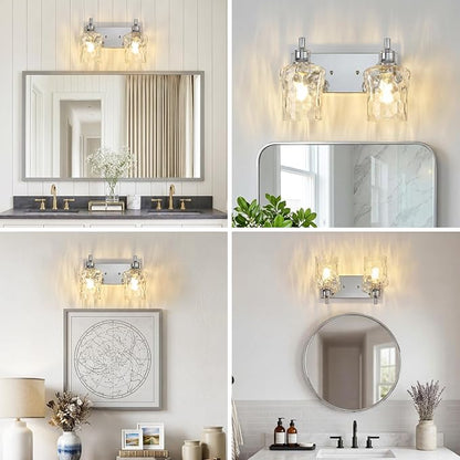 Bathroom Light Fixtures Farmhouse Chrome Vanity Lights for Bathroom Lighting Fixtures Over Mirror with Hammered Glass Lampshade for Cabinet Mirror Bedroom Hallway 2 Light