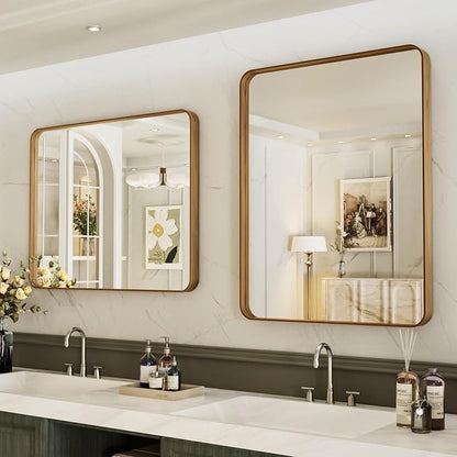 LOAAO 30X36 Inch Bathroom Mirror with Wood Grain Colored Metal Frame | Rounded Rectangle Metal Framed, Anti-Rust, Hangs Horizontally or Vertically, Tempered Glass