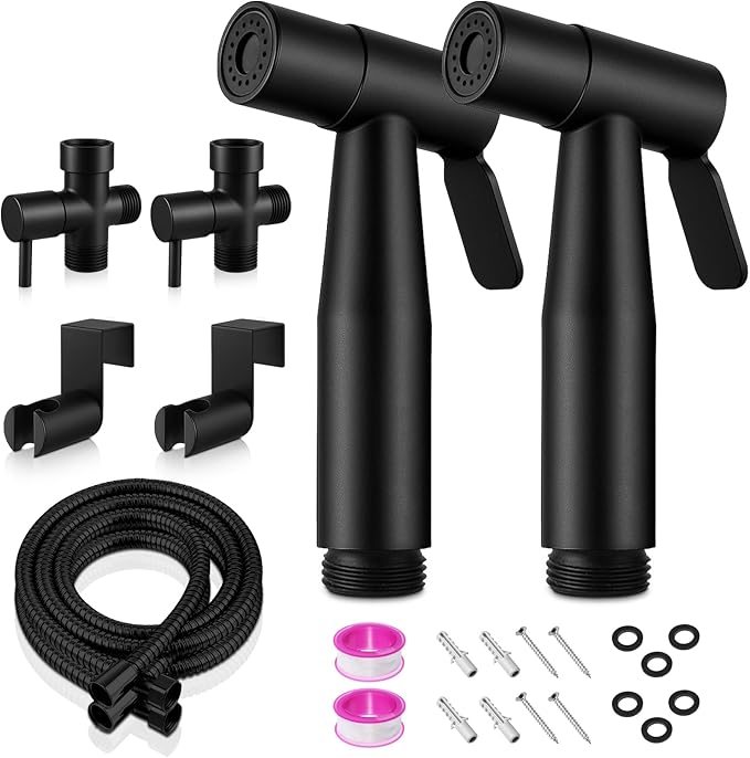 Handheld Toilet Bidet Sprayer 2 Pack, Water Pressure Adjustable Sprayer with Hose and 7/8 "T-Valve, Jet Spray and Soft Spray, for Toilet, Bidet, Shower etc., Stainless Steel, Black