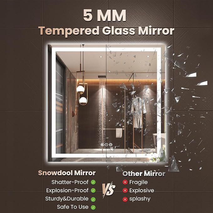 Snowdool 36 x 36 in LED Bathroom Mirror, Front and Backlit, Anti-Fog | Front and Backlit, 3 Color Temperatures, Anti-Fog, Tempered Glass
