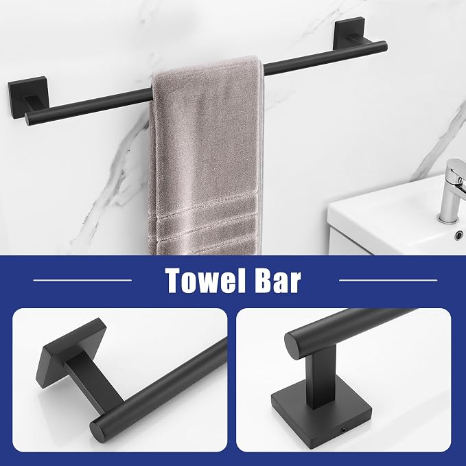 5 Pieces Matte Black Bathroom Hardware Set Black Towel Bar Set for Bathroom SUS304 Stainless Steel Wall-Mounted Towel Racks Set 23.6 Inch